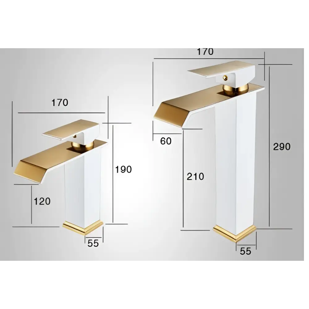 White and gold cold water waterfall basin faucet with sleek angular design in modern gold and white finish