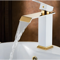 White and gold cold water waterfall basin faucet with sleek angular design and modern rectangular shape