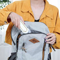 White and gold rechargeable portable iron with sleek handheld design and transparent water tank for steaming clothes