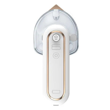 White and gold rechargeable portable iron with steam and a transparent water tank for convenient use