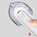 White and gold rechargeable portable iron with steam featuring a transparent water tank dome head for easy use