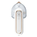 White and gold rechargeable portable iron with steam and transparent water tank for convenient ironing use