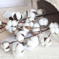 A cluster of white artificial cotton stem branches with fluffy bolls and brown dried husks for decoration