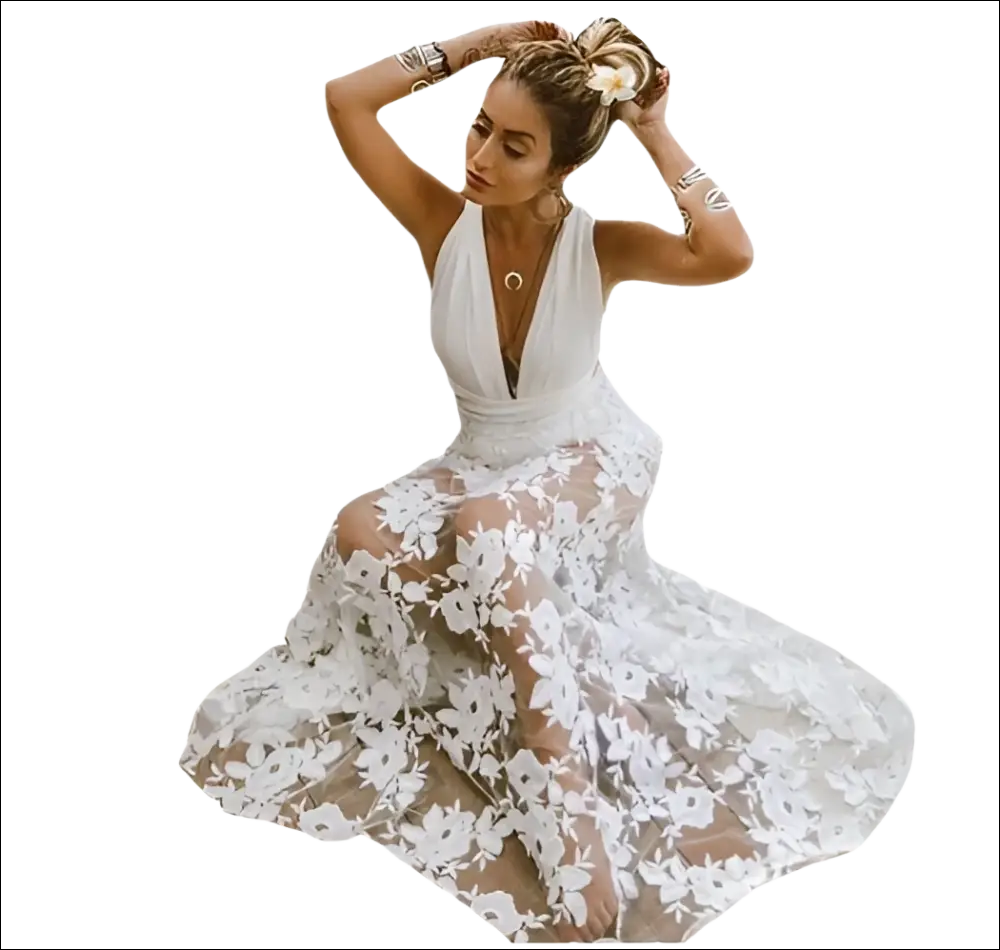 White backless sequin evening dress featuring a flowing white lace maxi design with deep v-neckline and floral pattern