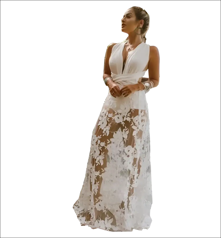 A flowing white lace maxi dress with deep v-neckline and sheer floral pattern for backless sequin evening wear