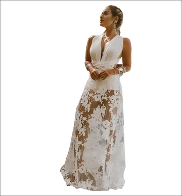 A flowing white lace maxi dress with deep v-neckline and sheer floral pattern for backless sequin evening wear