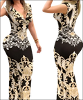 Black and gold ornate patterned bodycon dress with intricate baroque detailing for luxury women’s fashion long dress image