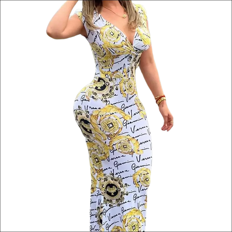 White baroque long dress in white and gold with ornate versace patterns luxury womens fashion dress image