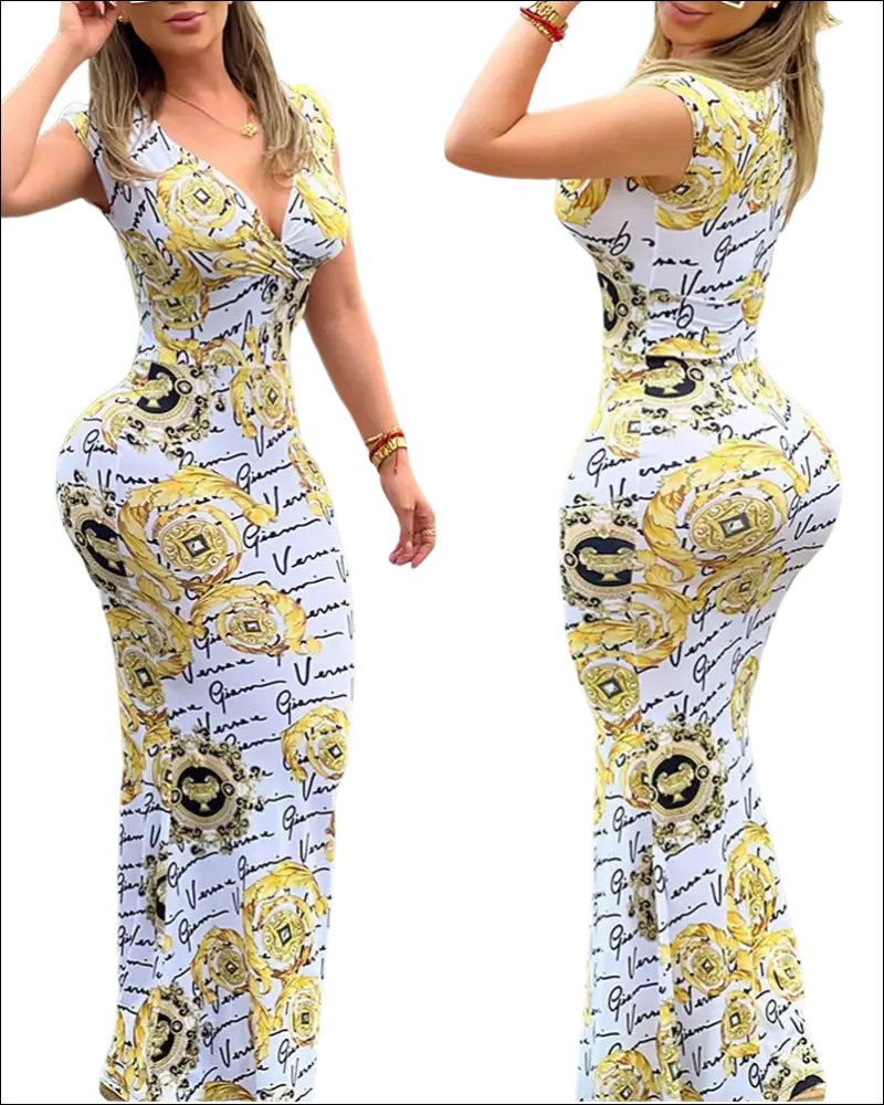 White baroque long dress with gold ornate medallion patterns and cursive versace script luxury womens fashion dress image