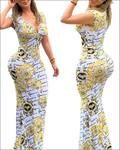 White baroque long dress featuring form-fitting white and gold fabric with ornate medallion patterns luxury women’s fashion dress image