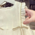 Delicate white beaded star baby gauze dress summer princess dress with ruffled gold-trimmed neckline and beaded bow waist