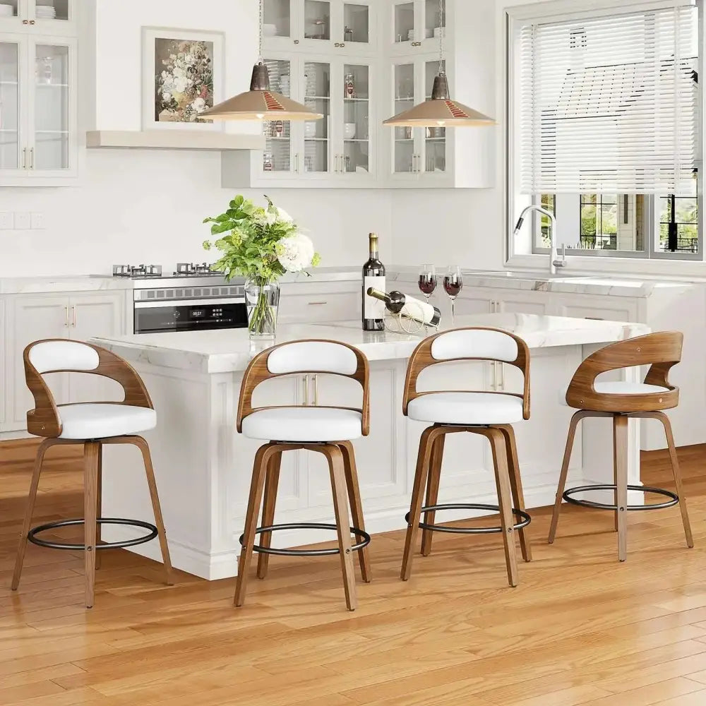 Modern white bentwood swivel bar stools with curved wooden frames and adjustable feet set of 4