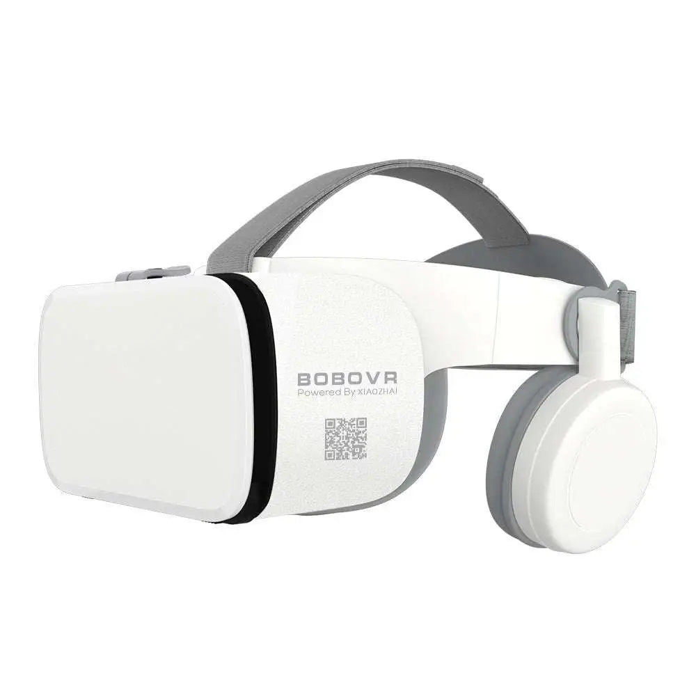 White bluetooth wireless headset vr glasses with gray plastic headband ear cups and remote control functionality