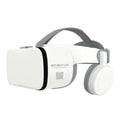White bluetooth wireless headset vr glasses with gray headband ear cups sleek plastic design and remote control functionality