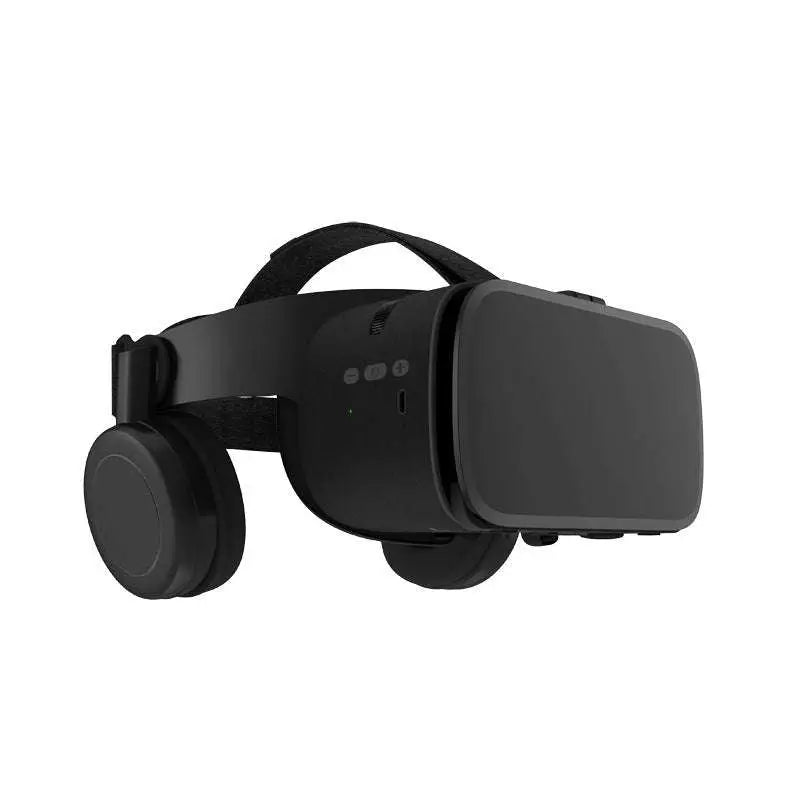 Black vr headset with integrated headphones and adjustable head strap for white bluetooth wireless headset vr glasses with remote control functionality