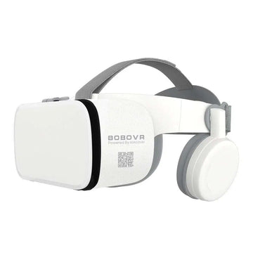 White bluetooth wireless headset vr glasses with gray plastic headband ear cups and remote control functionality