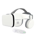 White bluetooth wireless headset vr glasses with white vr headset, gray headband, and remote control functionality
