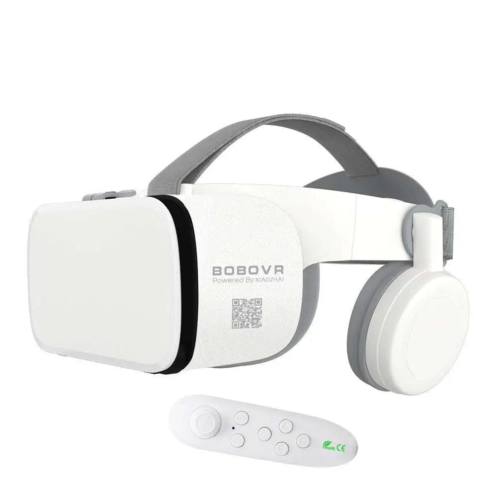 White bluetooth wireless headset vr glasses with white vr headset, gray headband, and remote control functionality