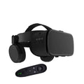 Black bluetooth wireless headset vr glasses with integrated headphones and matching remote control functionality