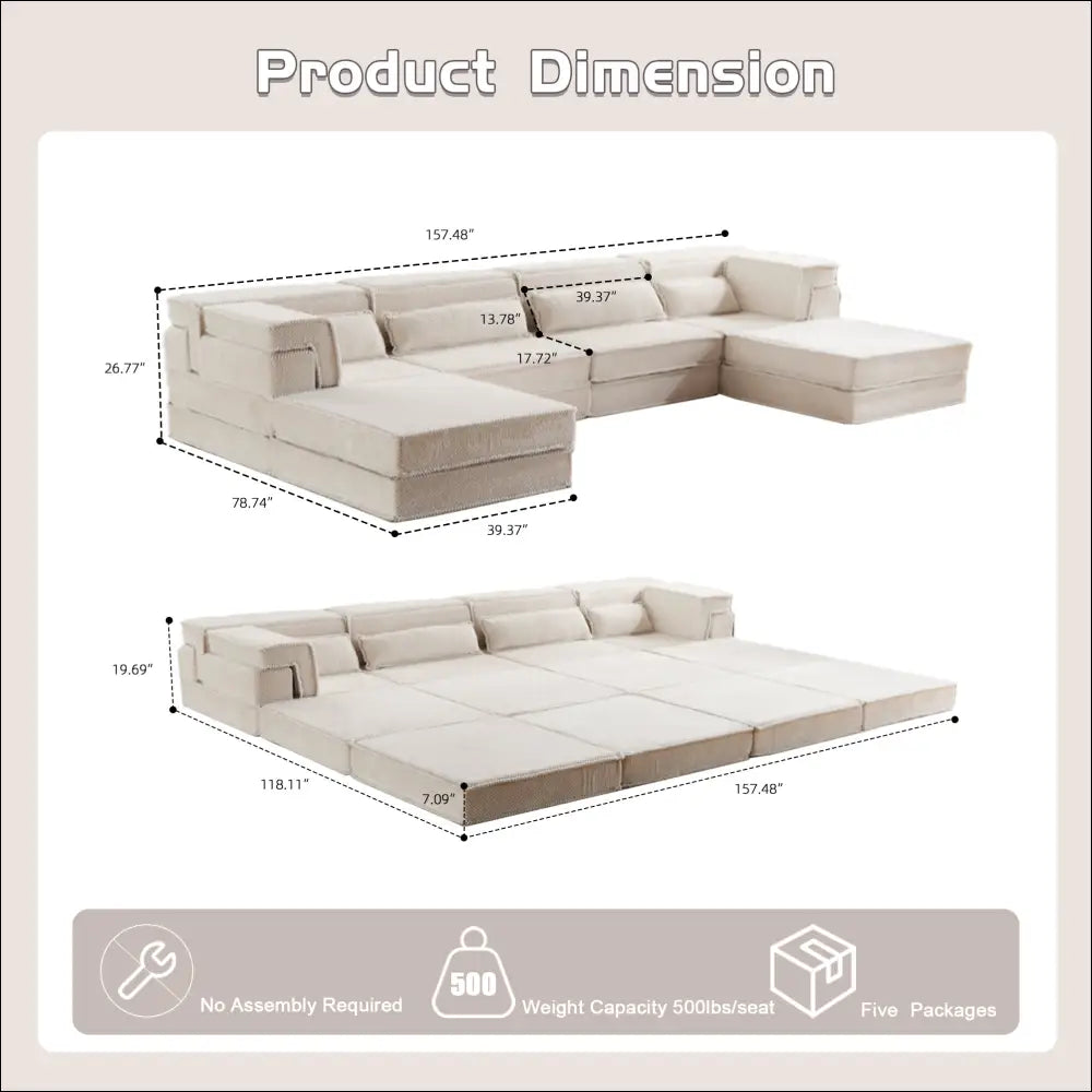 Beige boneless modular sectional floor sofa with soft plush fabric and clean modern lines for comfortable seating