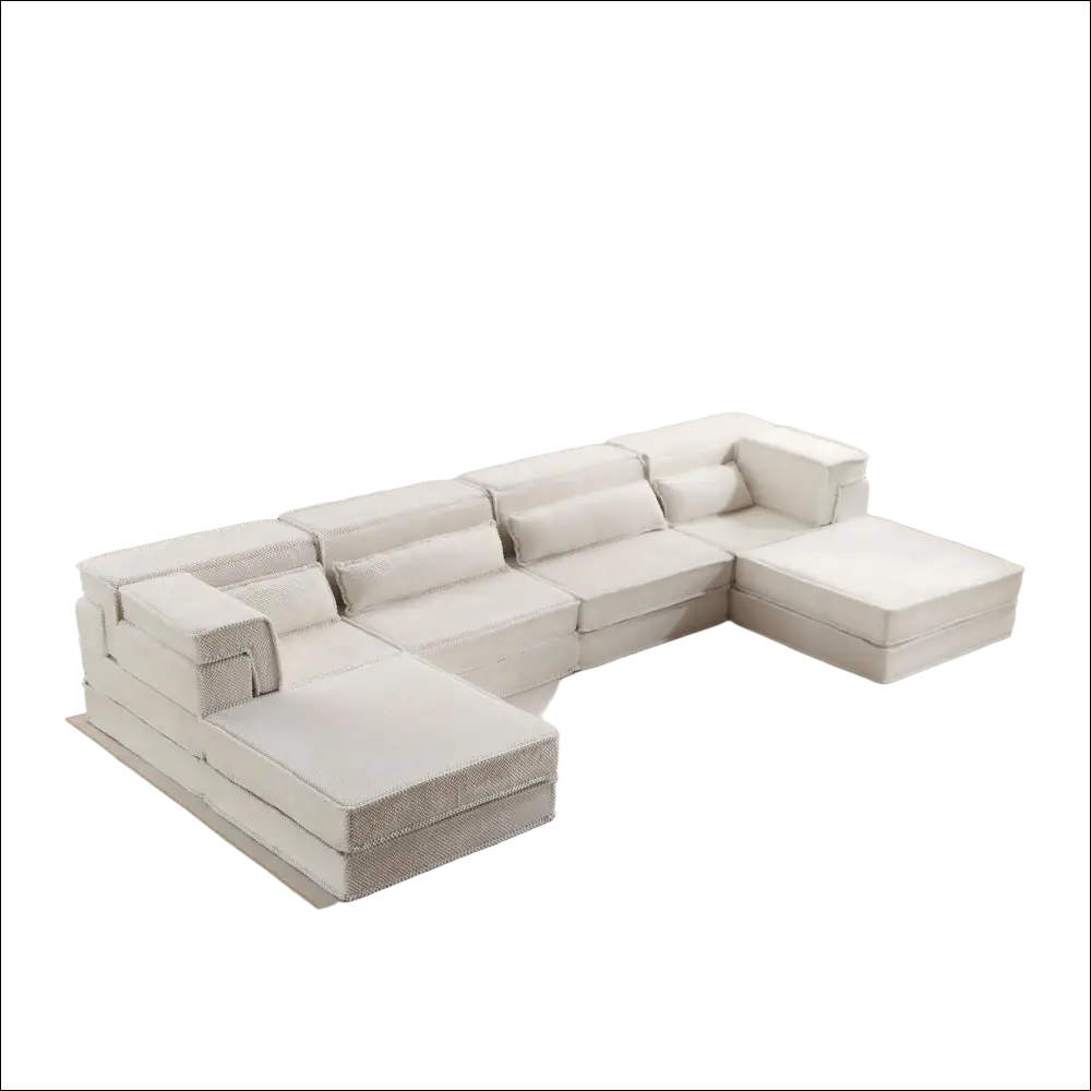 White boneless modular sectional floor sofa with clean modern design and textured fabric upholstery