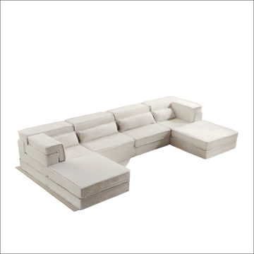 White boneless modular sectional floor sofa with clean modern design and textured fabric upholstery