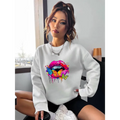 White crew neck sweatshirt featuring a vibrant butterfly lips graphic on the front for casual wear