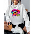 White crew neck sweatshirt featuring a vibrant butterfly lips graphic with colorful butterflies and paint drips