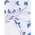 White butterfly print lace thong bikini top with blue butterfly prints and ruffled edges in a butterfly print swimsuit