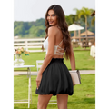 Black satin ruffled mini skirt with elastic waistband and flared hem in a graceful casual style
