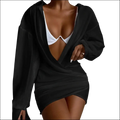 Black satin mini dress hoodie with deep v-neckline and asymmetrical hem in solid color long sleeve style