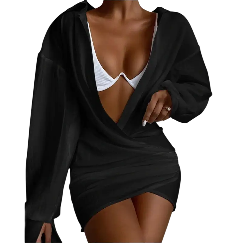 Black satin mini dress with long sleeve, deep v-neckline, and asymmetrical hem in solid color long style