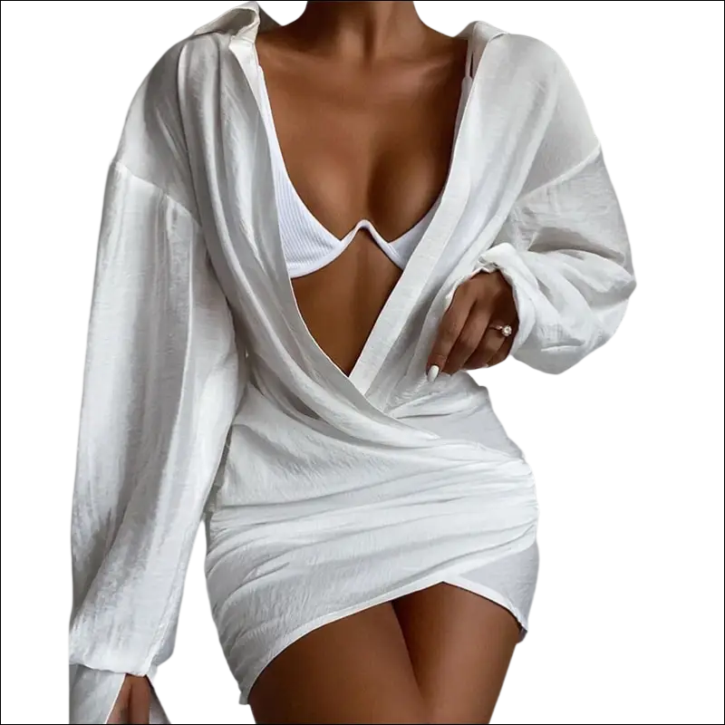 White chiffon long sleeve solid color mini dress with oversized button-down front and wrap-style skirt design