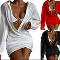 White chiffon long sleeve mini dress with a solid color flowing wrap design and plunging neckline
