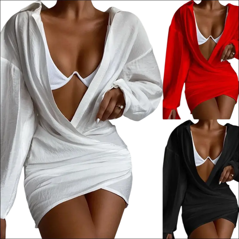 White chiffon long sleeve mini dress with a solid color flowing wrap design and plunging neckline