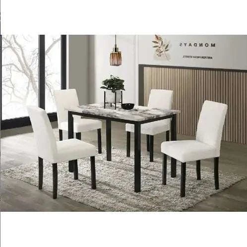 White Color Wool Fabric Chairs Faux Marble Top Table 5pc Dining Set Kitchen Dinette Cushions Upholstered 4x Chairs Dining Room - Royalessencelux