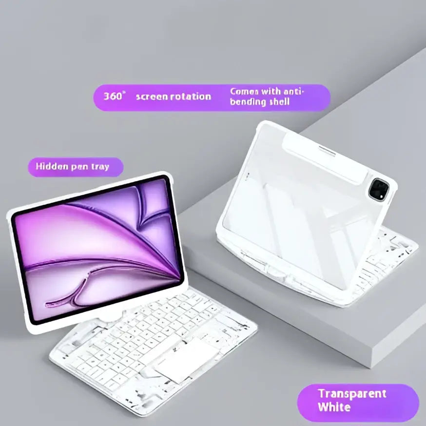 Transparent white rotating ipad keyboard with 360 degree screen rotation stand and integrated pen slot