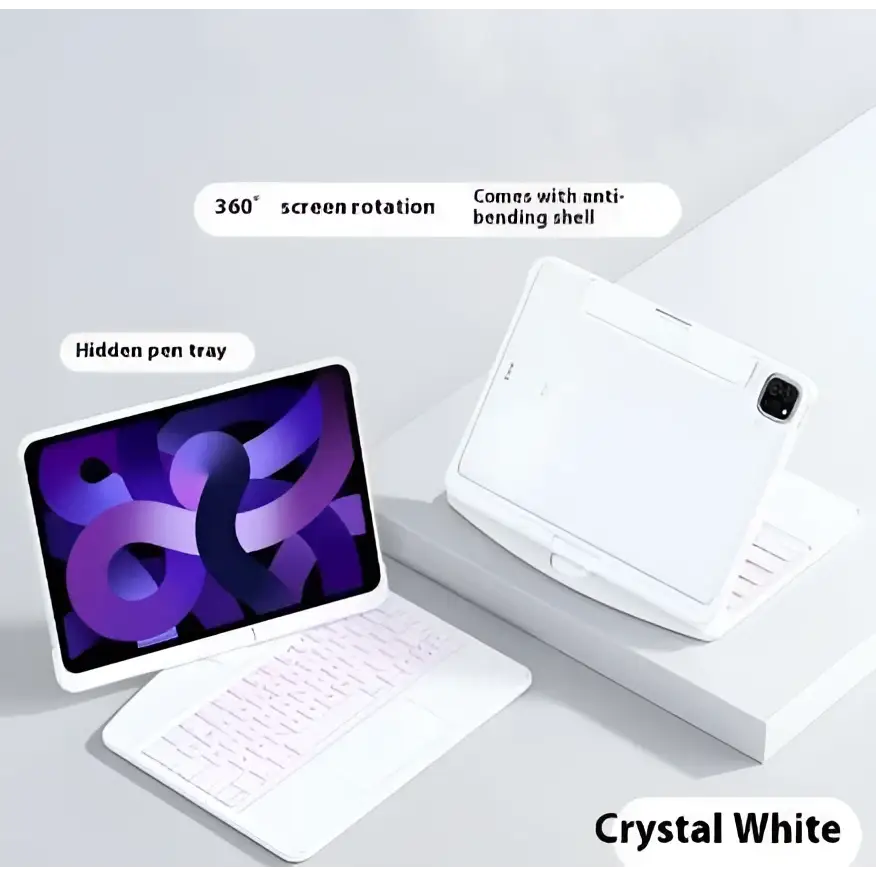 Crystal white core iPad with transparent rotating keyboard and hidden pen slot for convenient accessory storage