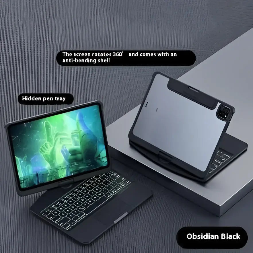 Obsidian black tablet with integrated keyboard and protective case featuring transparent rotating keyboard and pen slot