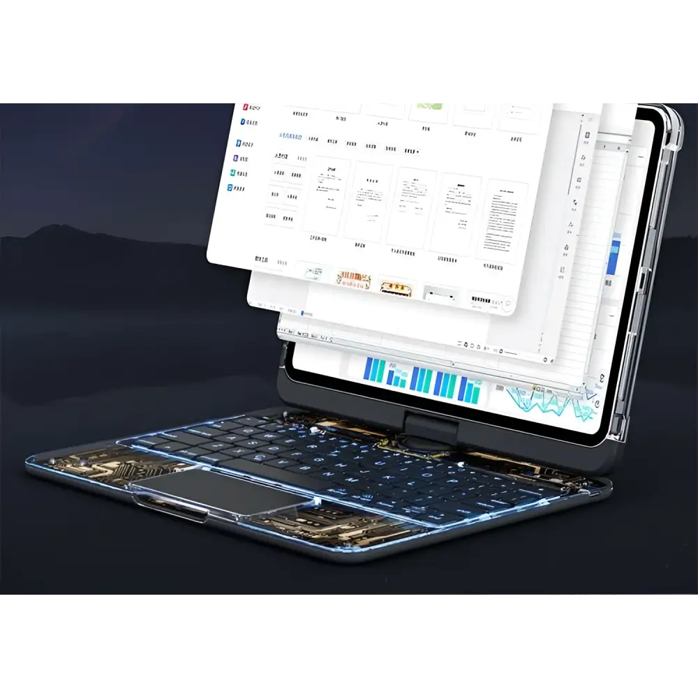 White core transparent rotating ipad keyboard with pen slot showing intricate circuit board design on protective case