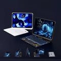 White tablet with integrated transparent rotating keyboard and protective case featuring a pen slot for ipad use