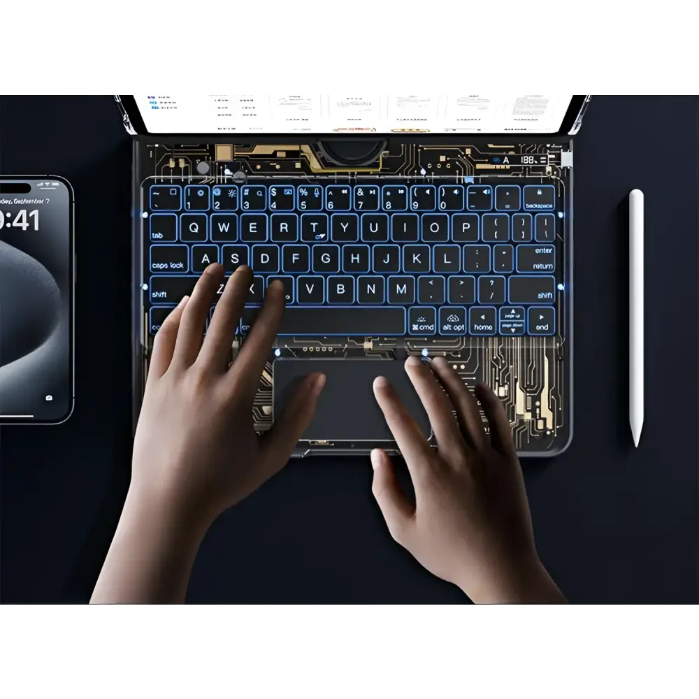 White core transparent rotating keyboard with glowing blue backlight gold circuit board and pen slot for ipad use