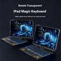 White core transparent rotating ipad keyboard with sleek magic keyboard design and integrated pen slot, illuminated keys