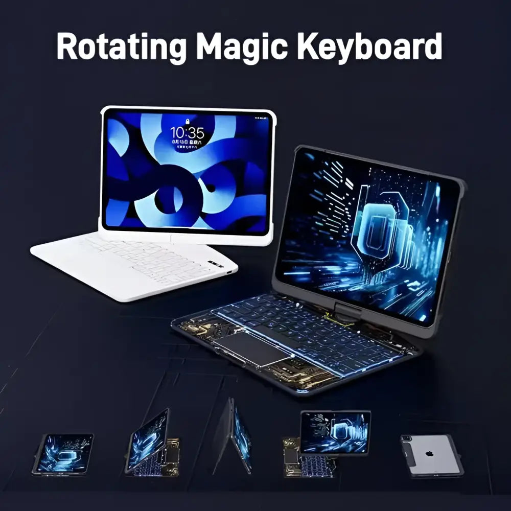 White core transparent rotating ipad keyboard with sleek design touchpad and integrated pen slot for versatile use