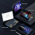 Black tablet with detachable white core transparent rotating keyboard in laptop mode featuring pen slot for ipad use