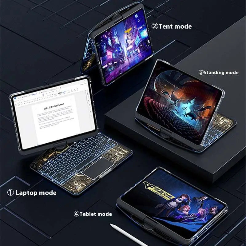 Black tablet with detachable white core transparent rotating keyboard in laptop mode featuring pen slot for ipad use
