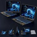 Black tablet with built-in transparent rotating keyboard and pen slot featuring a glowing blue circuit board design