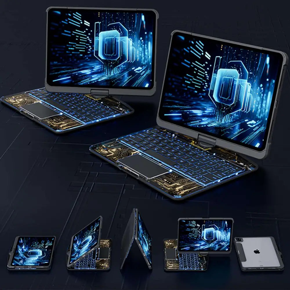 Black tablet with built-in transparent rotating keyboard and pen slot featuring a glowing blue circuit board design