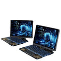 Two black transparent rotating keyboard tablets with illuminated blue keys and pen slot in matching protective cases