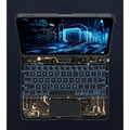 Black and gold transparent rotating keyboard laptop with illuminated blue backlighting and pen slot for rotating ipad keyboard